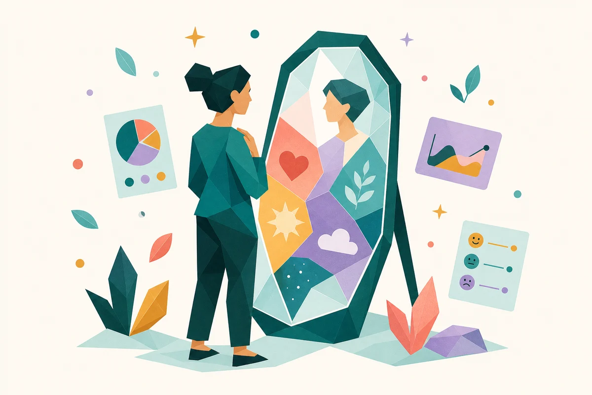 A person reflecting beside a colorful faceted mirror