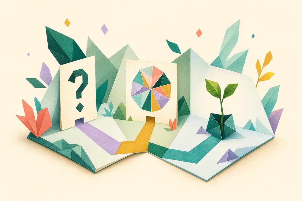 A folded journal landscape connecting questions, patterns, and growth